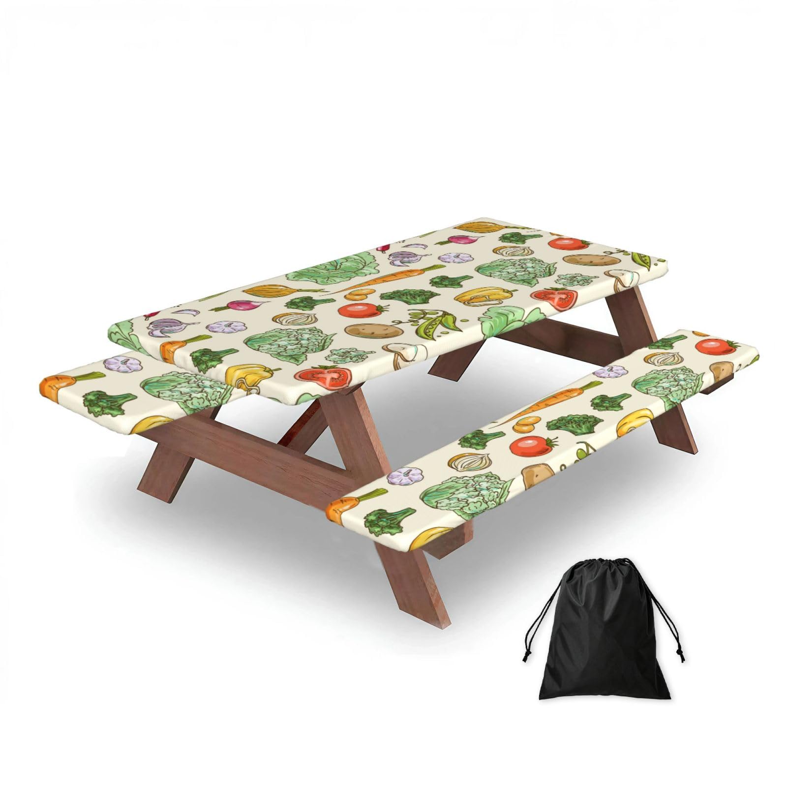 Dopklna As Picture Beautiful Hand Drawn Vegetables, Picnic Table Cover With Bench Covers -Waterproof Elastic Fitted Tablecloth For Garden Camping Patio 76X152cm