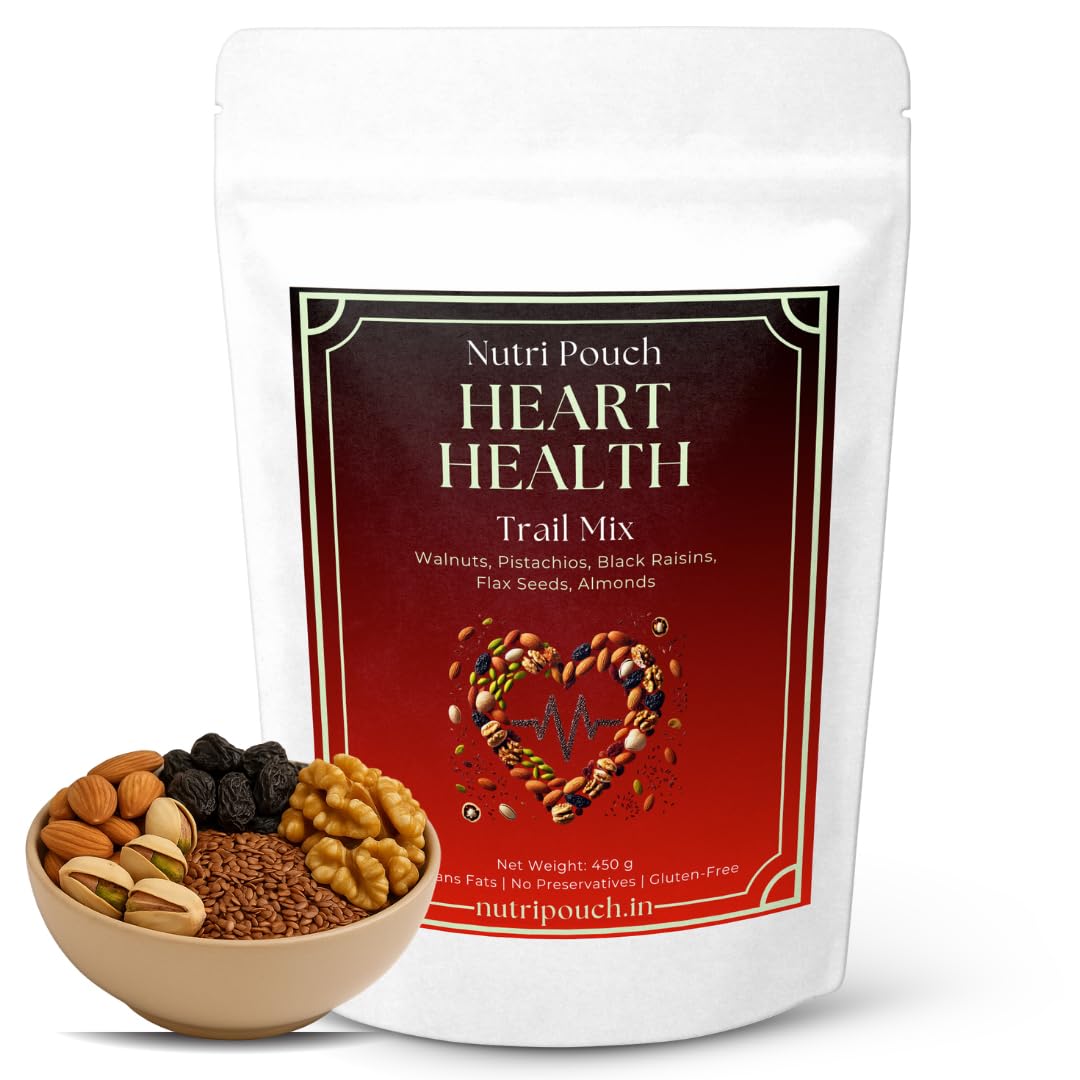 Nutri Pouch Heart Health Trail Mix Premium Dry Fruits Blend with Walnuts Pistachios Black Raisins Flax Seeds and Almonds Rich in Omega 3 Fiber Healthy Snack for Heart Wellness (Pack of 1) (450g)-image-49