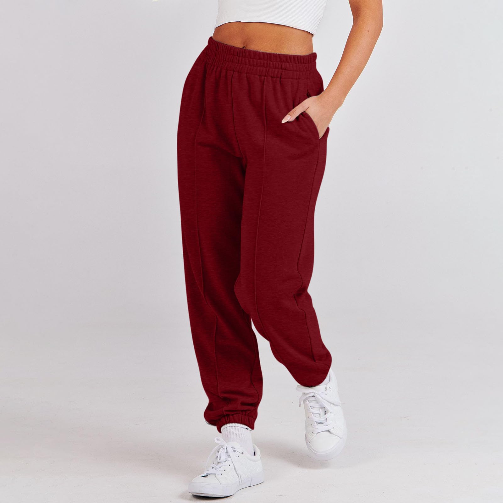 XUNRYAN Sweatpants Women Casual Joggers Athletic Workout Gym Pants High Waist Loose Fit Trousers Lightweight Activewear Wine