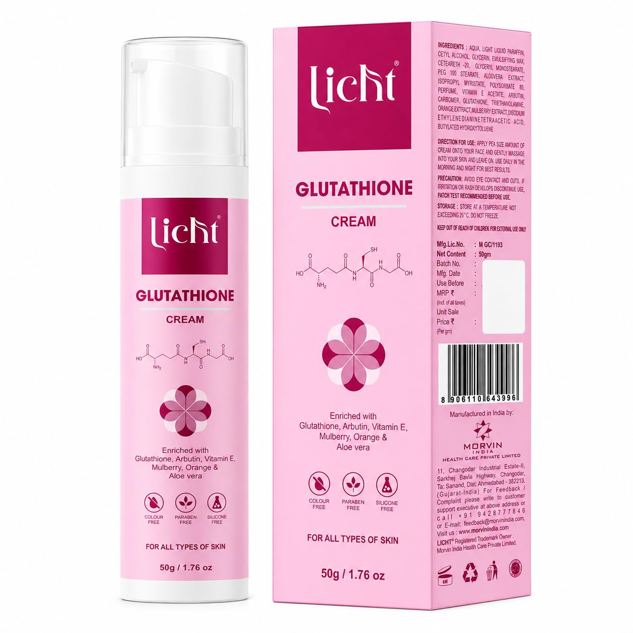 Licht Glutathione Cream 50g | Enriched with Glutathione, Arbutin, Vitamin E, Mulberry, Orange & Aloe Vera