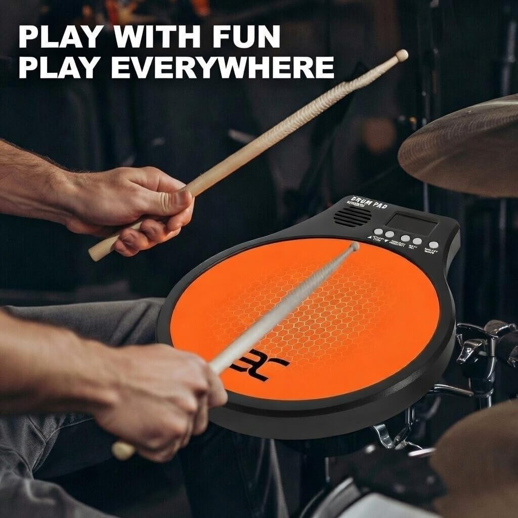 EX [3-IN-1] Tamburo elettronico digitale portatile, con [metronomo, rilevamento della velocità e conteggio dei tappi] 10 ″ TPR Practice Pad, arancione