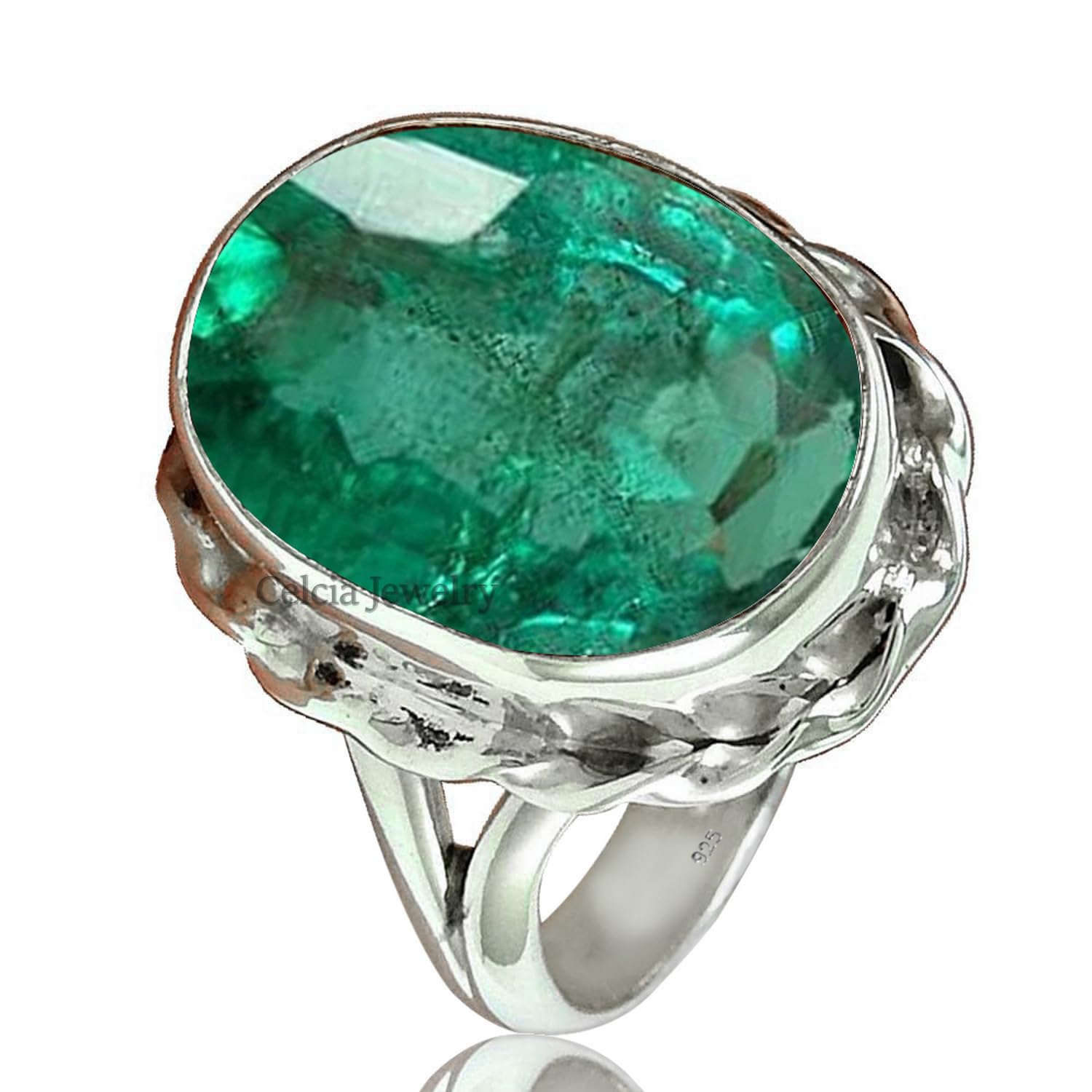 Genuine Emerald Green Gemstone Faceted Oval Ring, Pure 925 Sterling Silver Statement Ring, Unique Handmade Ring, May Birthstone Ring for Women (emerald, Size 7)