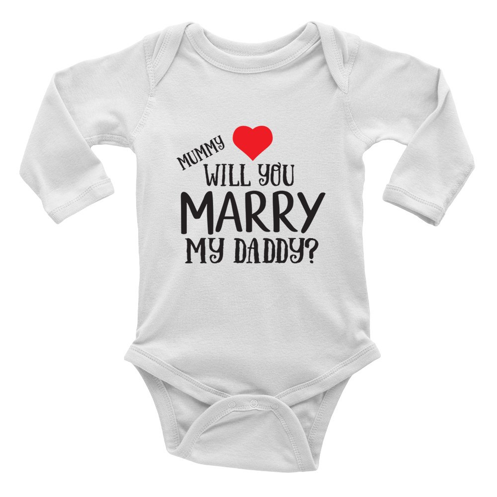 Shopagift Mummy Will You Marry My Daddy? Love Heart Proposal Valentines Cute Boys and Girls Long Sleeve Baby Vest Bodysuit White