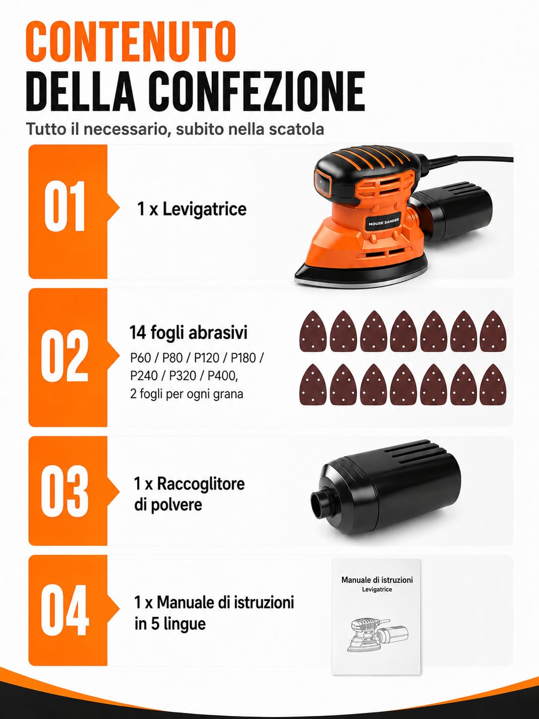 VOBOR Levigatrice Per Legno 150W, 13000RPM con Aspirazione della Polvere e 14 Fogli Abrasivi, Levigatrice Mouse Elettrica per Levigare, Lucidare e Rimuovere in Falegnameria e DIY