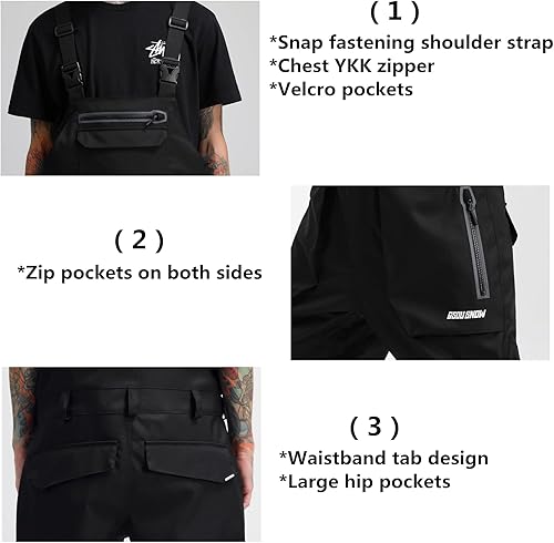 Miniatura 4 de GSOU SNOW Pantalones de esquí para hombre, overol con peto de nieve, impermeable, resistente al viento, aislado, correa ajustable, invierno cálido