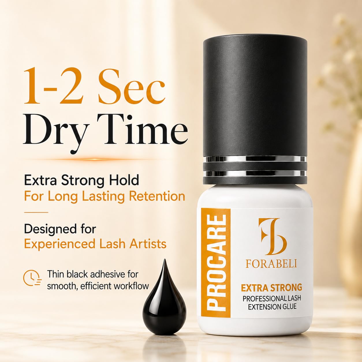 Forabeli Pegamento para extensiones de pestañas pelo a pelo extra fuerte Pro Care 5 ml | 1-2 segundos Tiempo de secado | Retención 8 semanas | Uso profesional | Adhesivo negro semipermanente