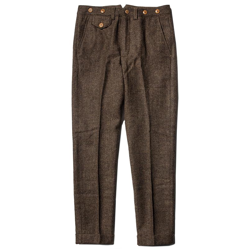 Men's Vintage Wool Herringbone Dress Pants Casual Straight Leg Slacks