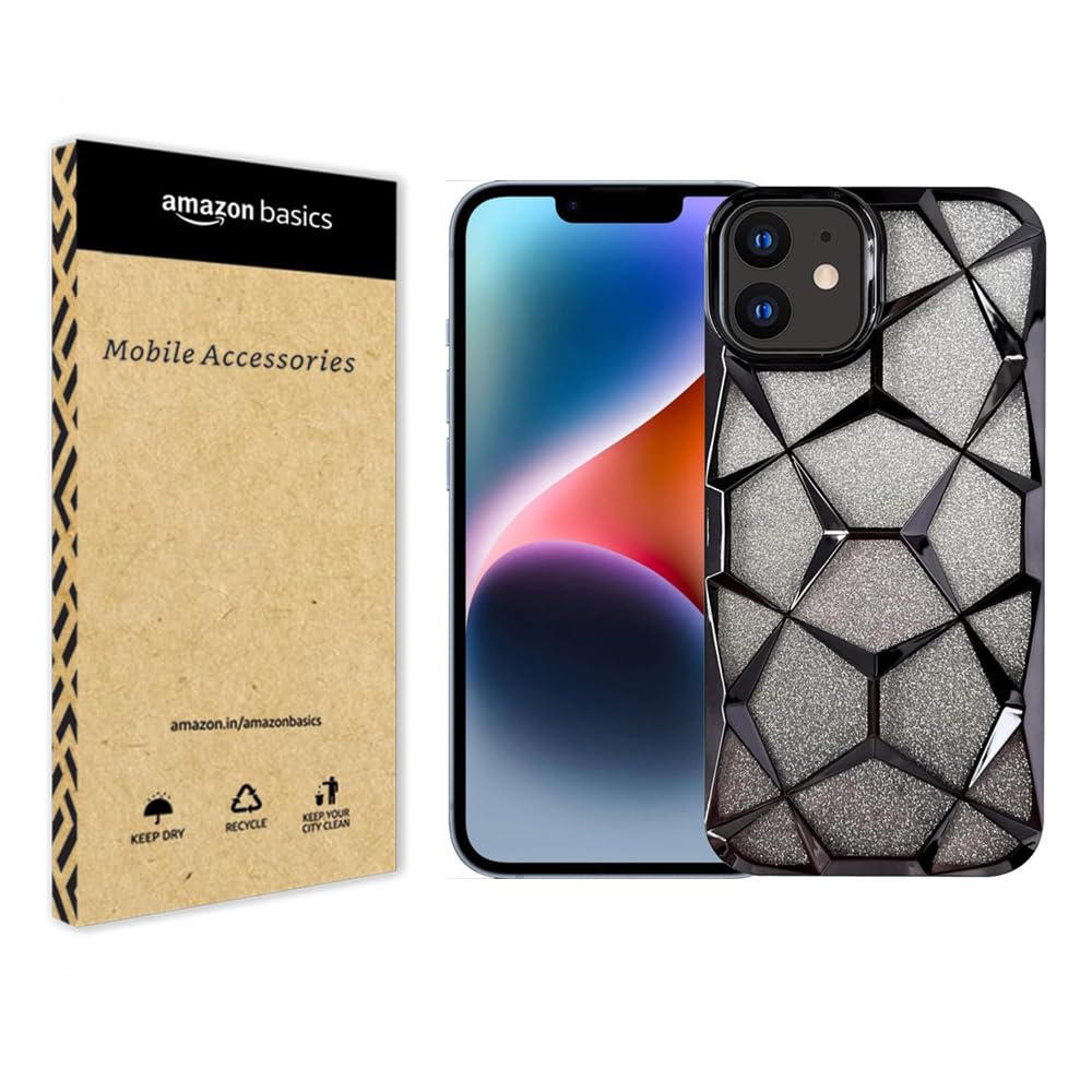 amazon basics iPhone 13 Gradient Glitter Case, Luxury Electroplated Geometric 3D Cube, Diamond Bling Shiny Soft TPU Clear Shockproof Protective Phone Cover (Black)