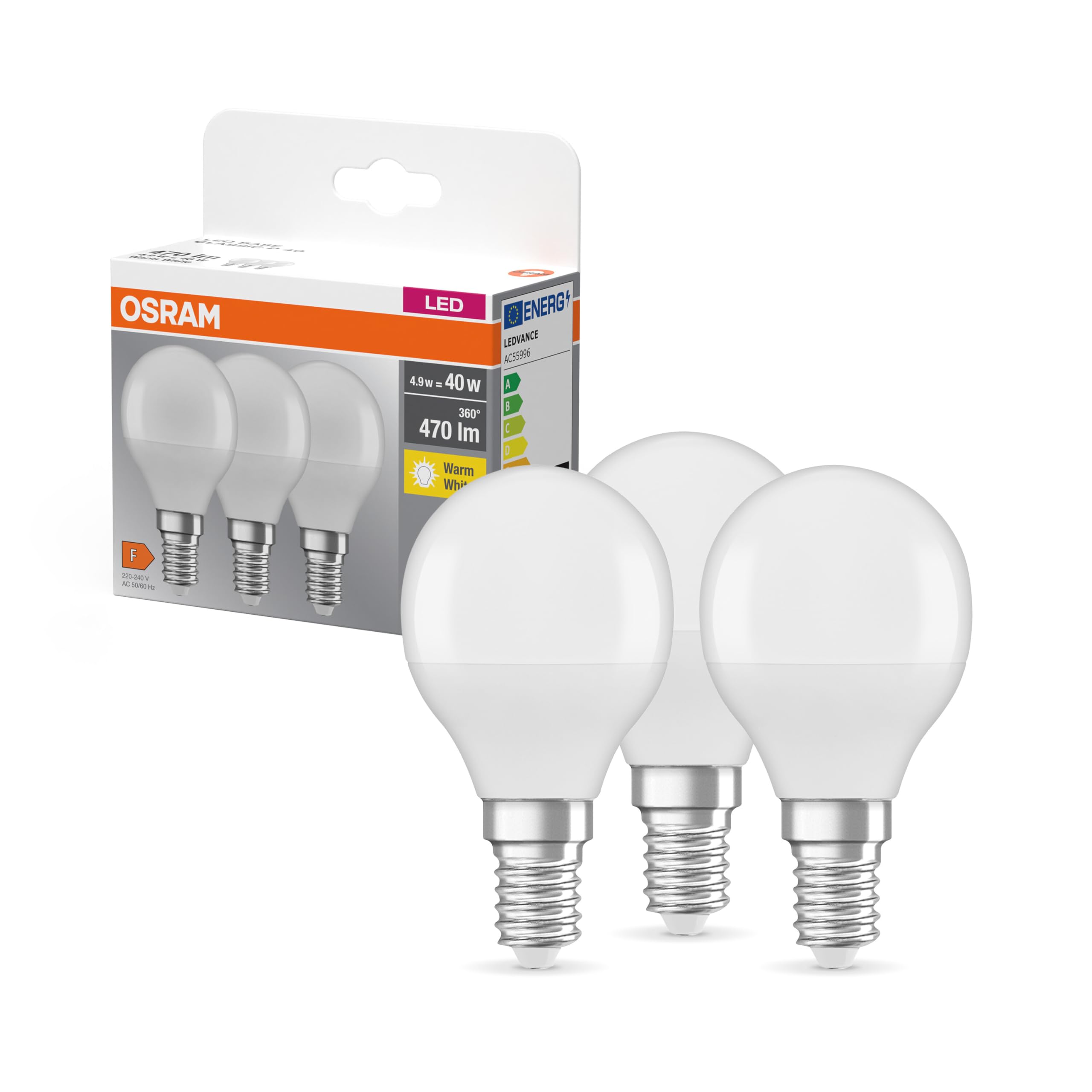 Osram General Lighting Lampadine LED E14 forma a sfera Osram 470lm bianco caldo 3 pz