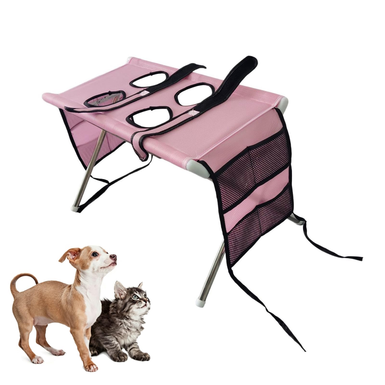 Foldable Pet Grooming Hammock Washing Station with Safety Strap, 4/8-Hole for Small Cats & Dogs, for Bathing Nail Trimming Ear Cleaning, Holds Pets up to 40 Lbs，Pink2