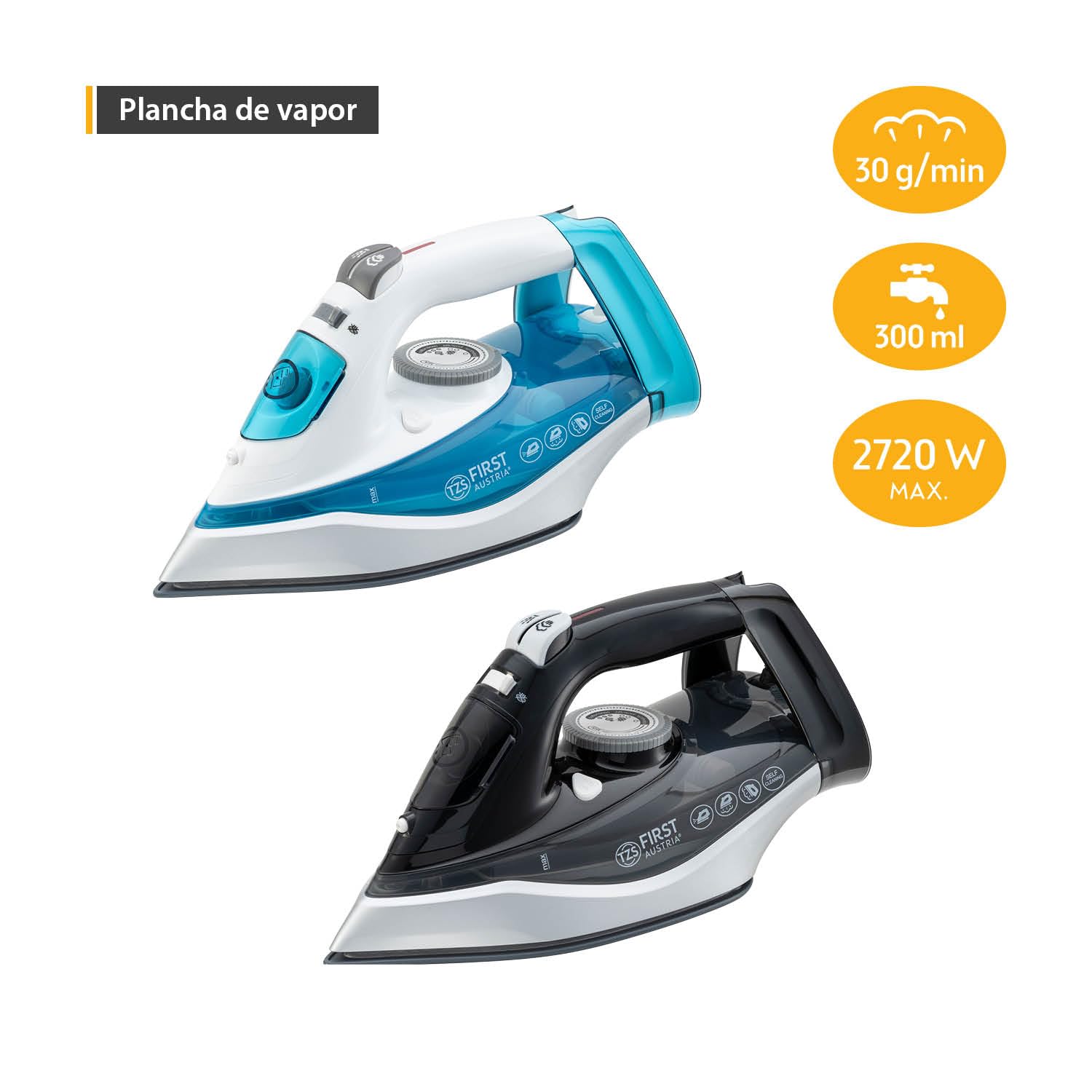 TZS First Austria - Plancha de Vapor 2720W - 300ml - 32 Salidas de Vapor - 30g/min Vapor & Golpe de Vapor 1g - Suela Cerámica - Antical, Vapor Vertical & Autolimpieza - Negro