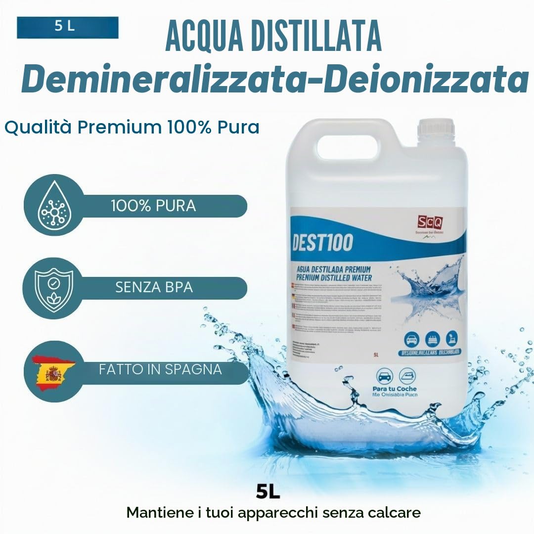 Acqua distillata pura al 100% da 5 l, ideale per batterie, ferri da stiro, umidificatori, pulizia, motori, CPap, laboratori. Acqua demineralizzata, acqua deionizzata. conducibilità inferiore a 1