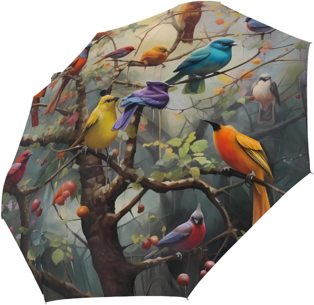 Auto Open Close Umbrella Colorful Birds Tree Branch Sun UV Protection Umbrella for Rain Windproof 3 Fold Lightweight Compact Umbrellas for Travel Walking Outdoor