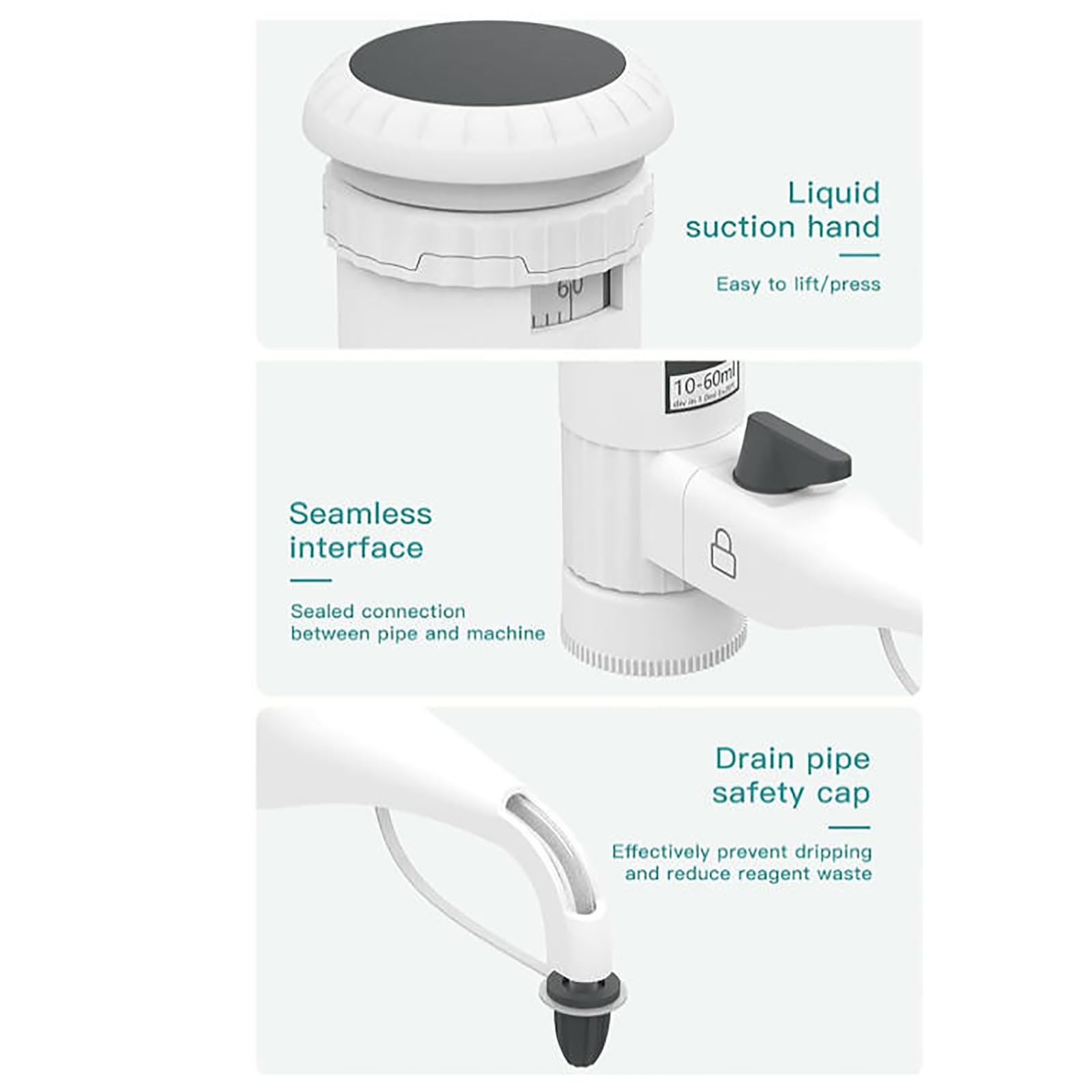 MObyat Laborflaschen-Dispenser, Hülsen-Flaschenaufsatz-Dispenser, 10–60 ml, einstellbar, mit Doppelventil, säure- und laugenbeständig, Zahnradeinstellung, digitales Fenster