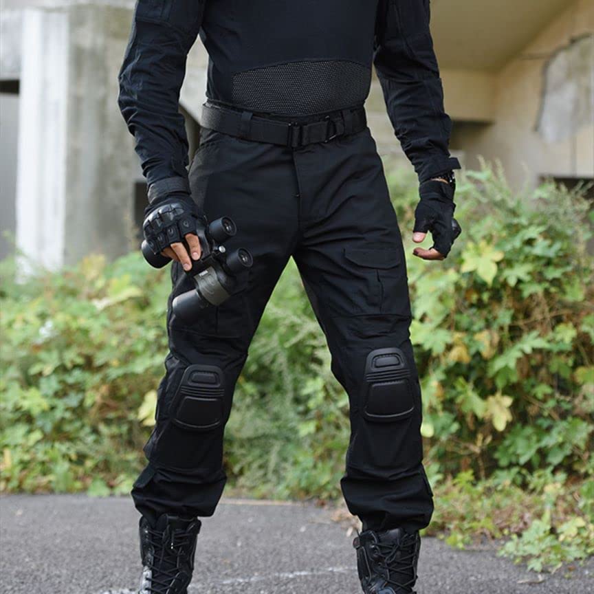 Czen Militär Hose, Herren Camouflage Cargo Hose mit Knie Pads, Schwarz, S-3XL