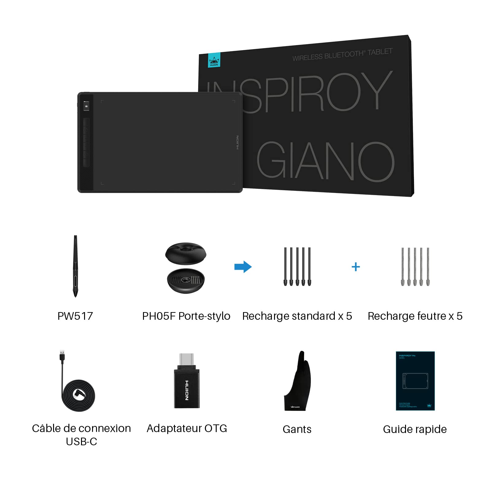 HUION Inspiroy Giano G930L Tablette Graphique sans Fil, Tablette de Dessin Numérique Con Bluetooth 5.0, avec Stylet Passif + 6 Touches de Raccourci, Compatible avec Windows Mac Android Chrome OS