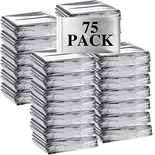 Macarrie 75 Pack Emergency Foil Thermal Blankets Silver Foil Survival Space Blanket Kit for Outdoors, Camping, Hiking, Homeless, Survival or First Aid, Silver
