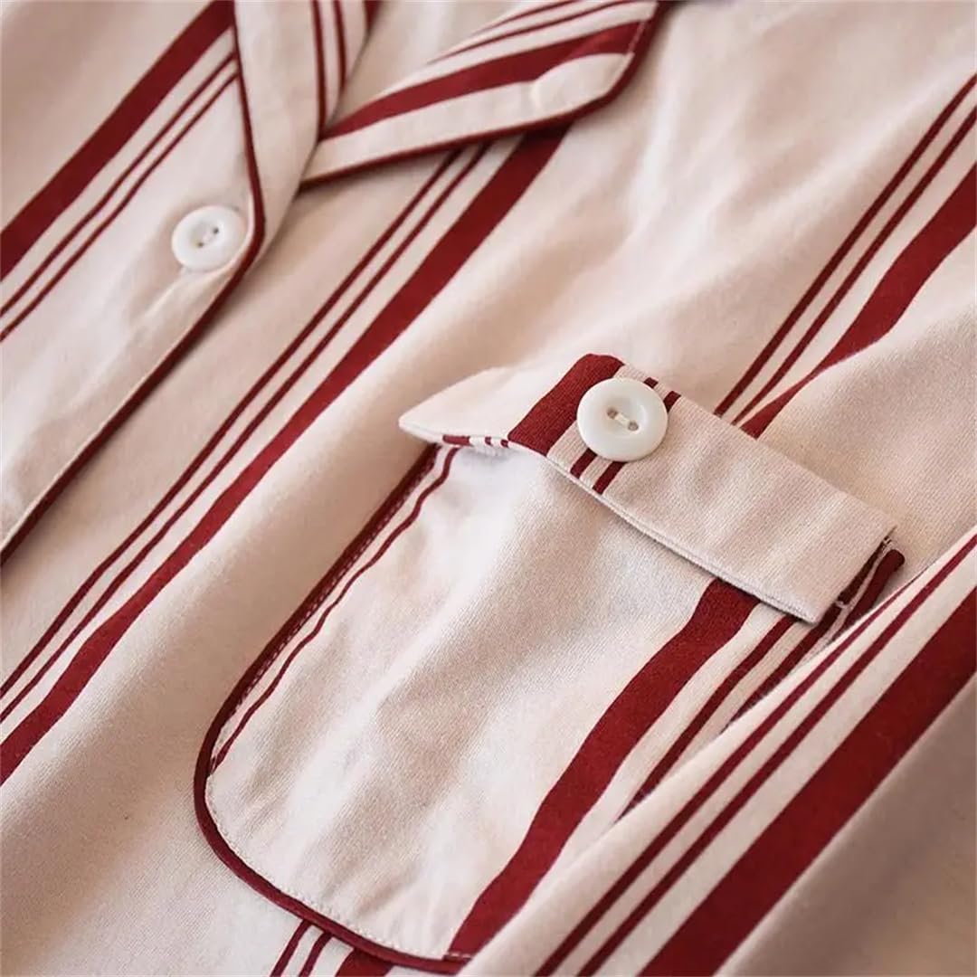 Hdhdeueh Conjunto de pijama de punto de algodón a rayas para mujer, camiseta de manga larga y pantalones suaves y cómodos