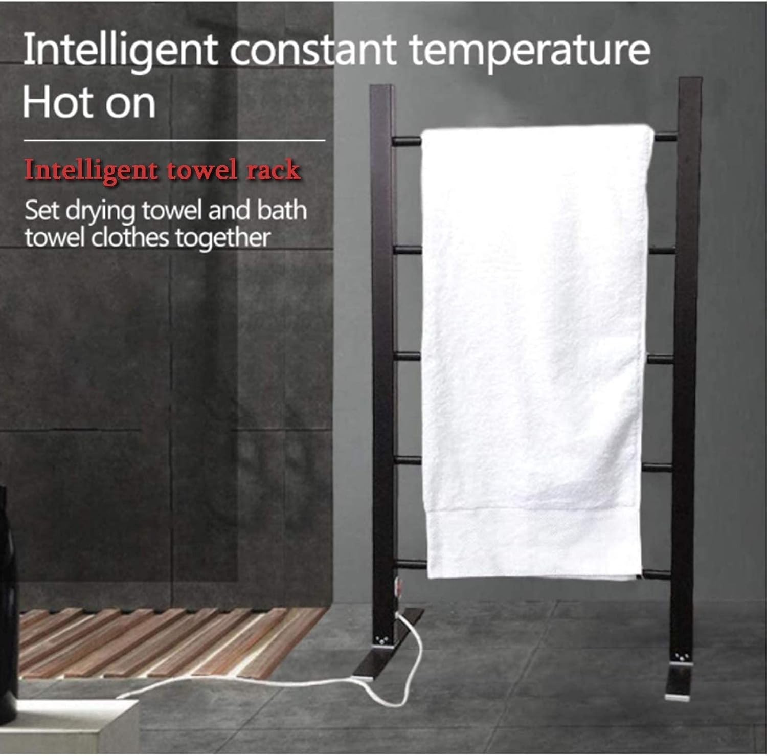 LUNEZY Towel Warmer Rack, Towel Rails Free Standing Heated Portable Floor Mount Aluminium 5 Heated Bars Energy Efficient 100W Electric Plug in Heated Towel Rack for Bathroomuk Plug (UK Pl