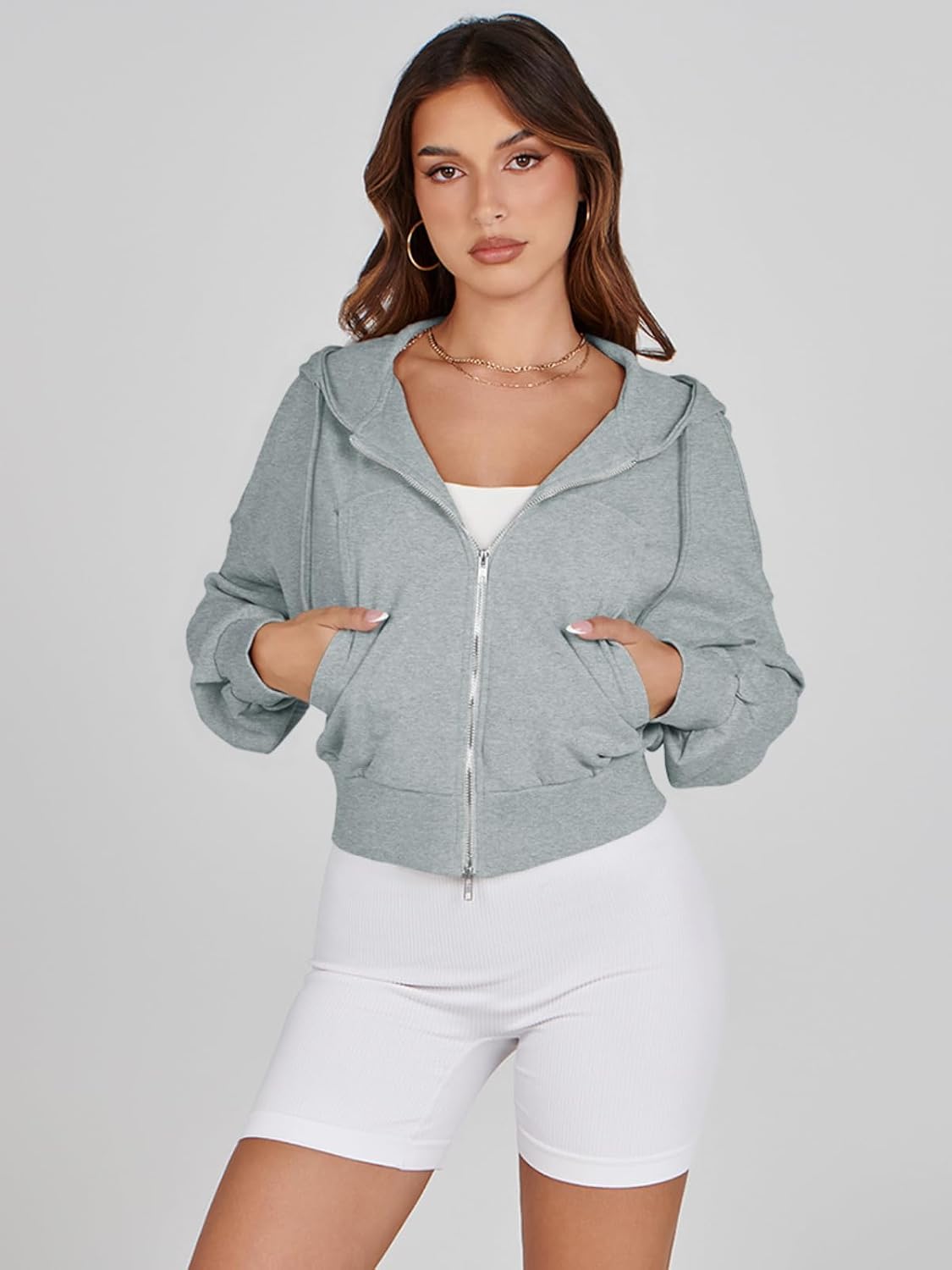 Fisoew Women's Crop Zip Up Hoodies Casual Long Sleeve Hooded Cropped Sweatshirts with Pockets - Image 4