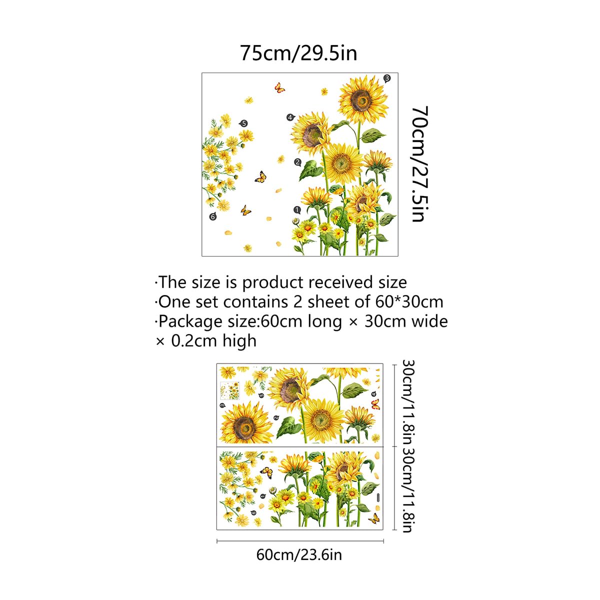 Boji - Adesivo da parete con girasoli gialli rimovibile, impermeabile, 3D, motivo floreale, farfalla, per bambini, camera da letto, soggiorno, decorazione