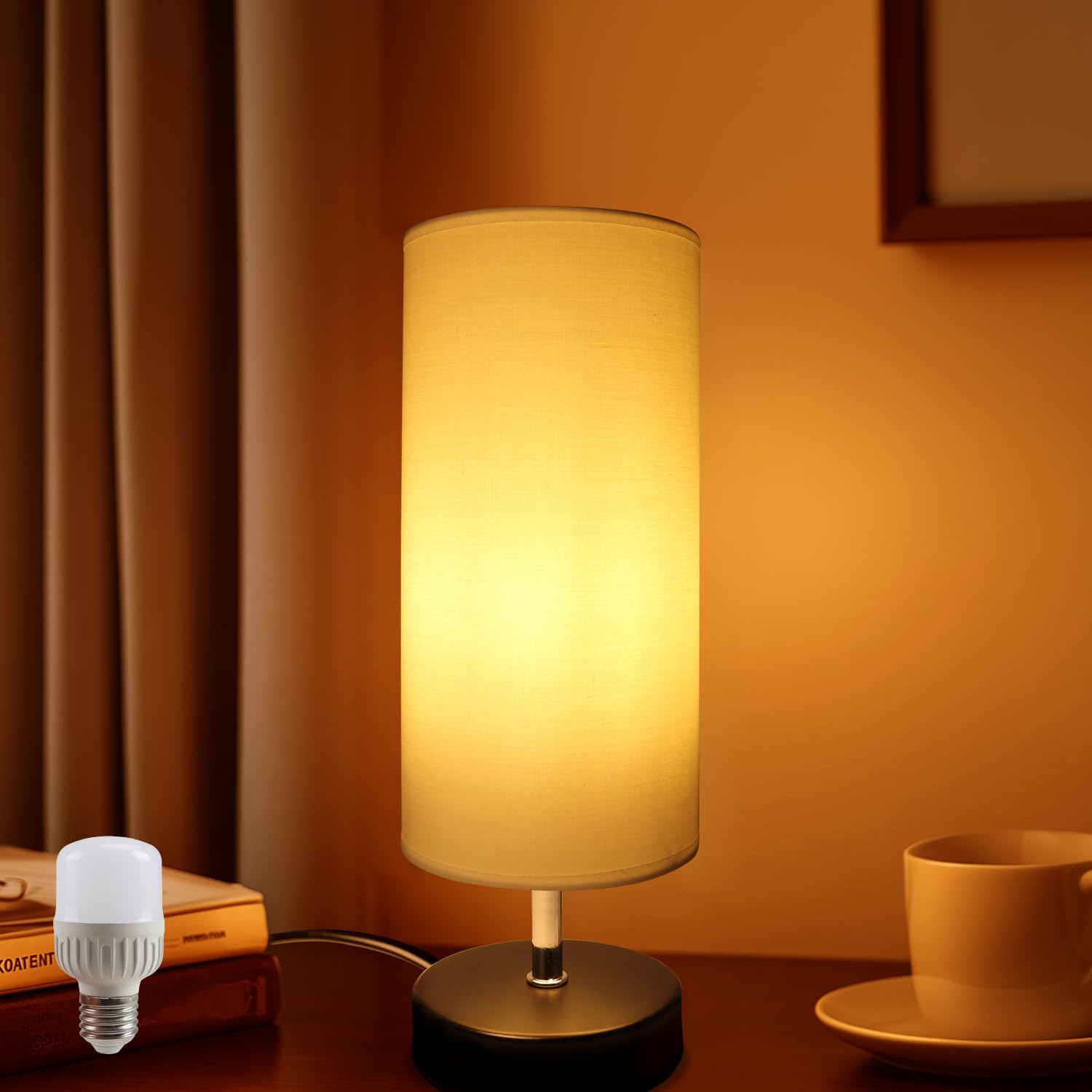 Lampka nocna biała z żarówką 6 W, oprawa E27 z przełącznikiem kablowym, 3 temperatury barwowe 3000 K/4000 K/6500 K z funkcją pamięci, nowoczesna lampa stołowa LED do sypialni, salonu