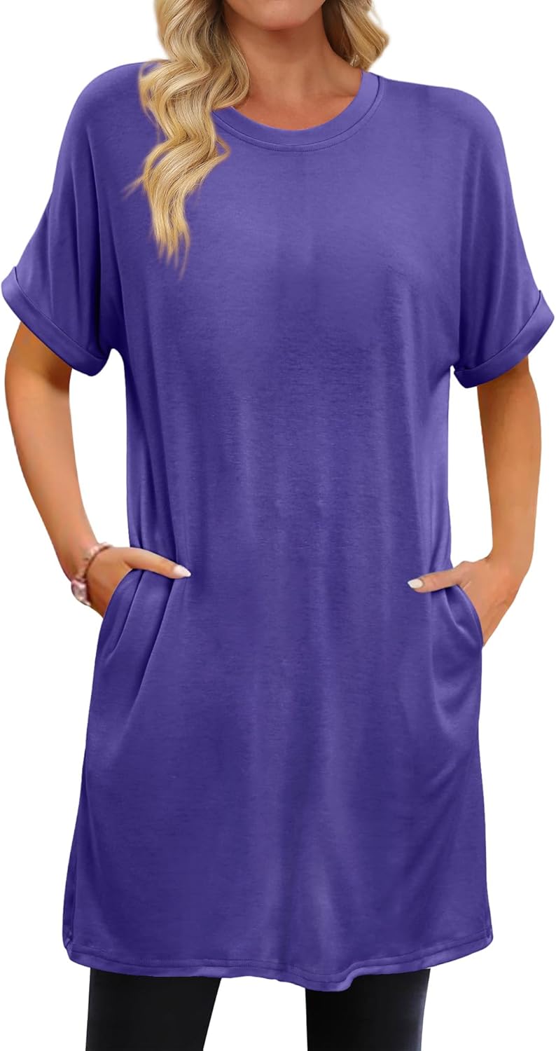 KISSMODA Women's Tunics or Tops to Wear with Leggings Short Sleeve Casual Long Tunics with Pockets T Shirts Loose S-3XL - Image 2