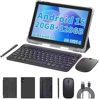 Android 15 10 Inch Tablets, 20GB RAM 128GB ROM 2TB Expandable, 2.0GHz Quad-core Processor, 2 in 1 Tablet with Stylus Mouse Keyboard Case, 5G WiFi6, BT 5.0, 6000mAh, Widevine L1