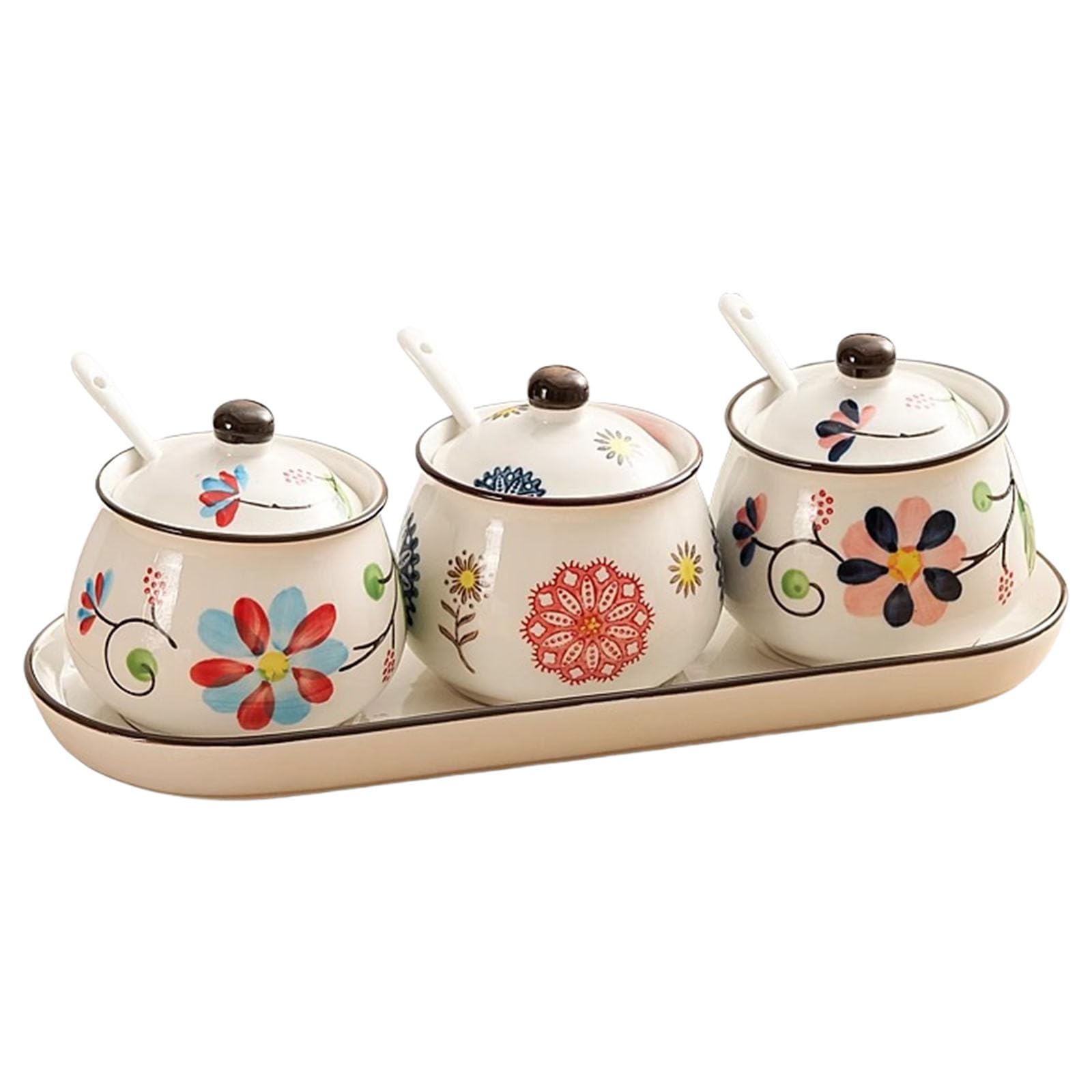 Greabuy Elegant Storage Solution - Recipiente de cerámica para condimentos con tapa y bandeja para servir para cocinas modernas, tarros de condimentos de cerámica con bandeja