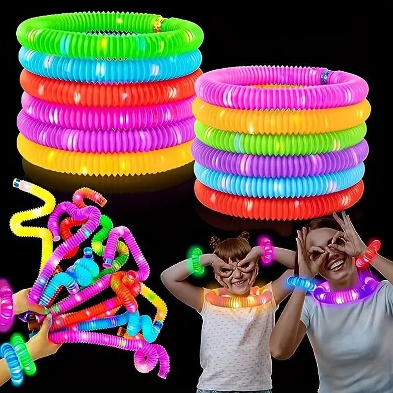 LED Flashing Pop Tube, Fidget Pipe Toy, Pop it Glow stick, Sensory Tubes Party Favour Birthday Gifts (24 Pcs)