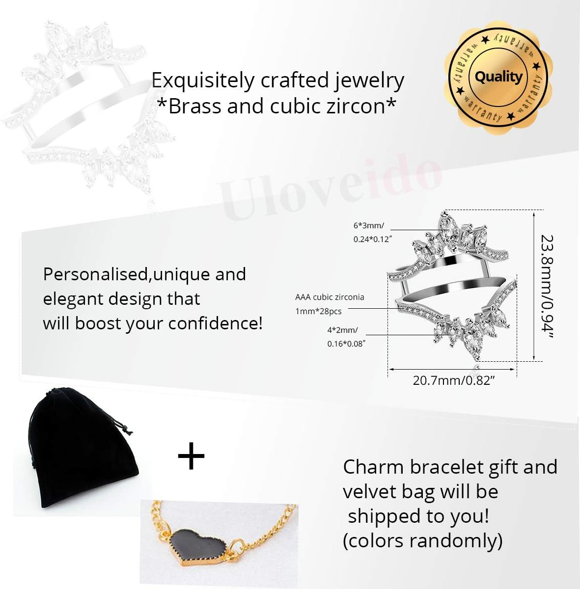 Uloveido Marquise Cut AAA White Cubic Zirconia Double Wedding Band Ring Guard Enhancer Engagement Jewelry for Women Y445