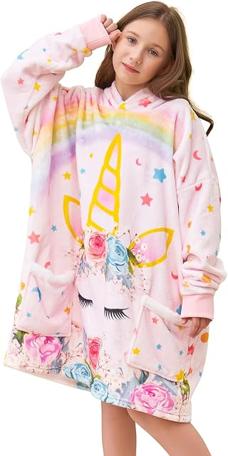 WERNNSAI Unicorn Wearable Blanket - Oversized Blanket Hoodie for Kids Girls Cozy Soft Warm Sweatshirt Blanket Flannel Comfortable Hooded Blanket with Pockets One Size for 6-12 Years Old Kids