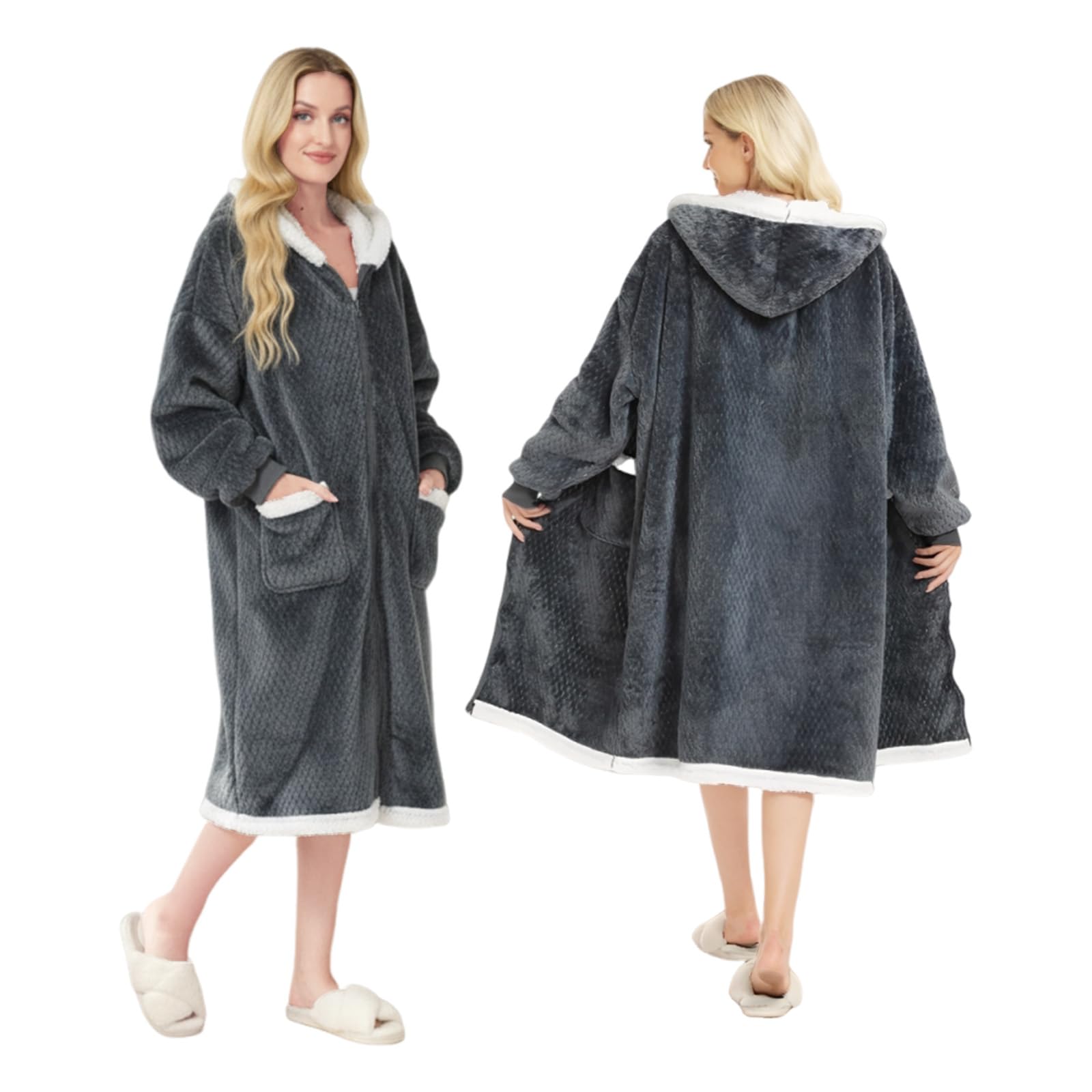 Coperta con maniche e cappuccio, coperta in pile con cappuccio con cerniera e tasche, grigio scuro, Taglia unica
