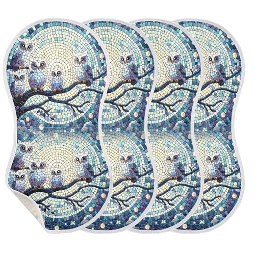 Kigai Moonlight Owls Mosaic Baby Muslin Burp Cloths 4 Pack, Soft 4 Absorbent Layers Cotton Burp Rags for Newborn Girls Boys
