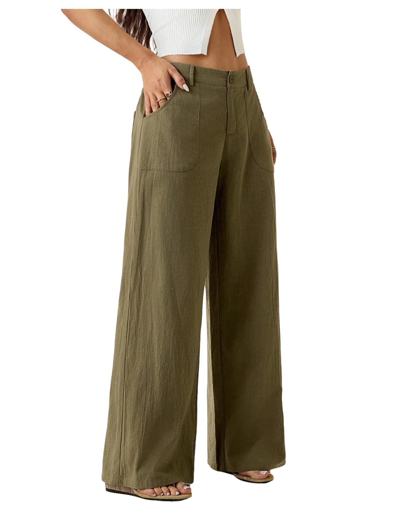 WDIRARA Womens Straight Leg Dressy Pants Loose Office Work Trousers with Pockets