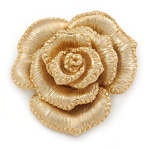 Avalaya Broche En forme de rose dimensionnelle en métal doré finition brossé Diamètre de 55 mm