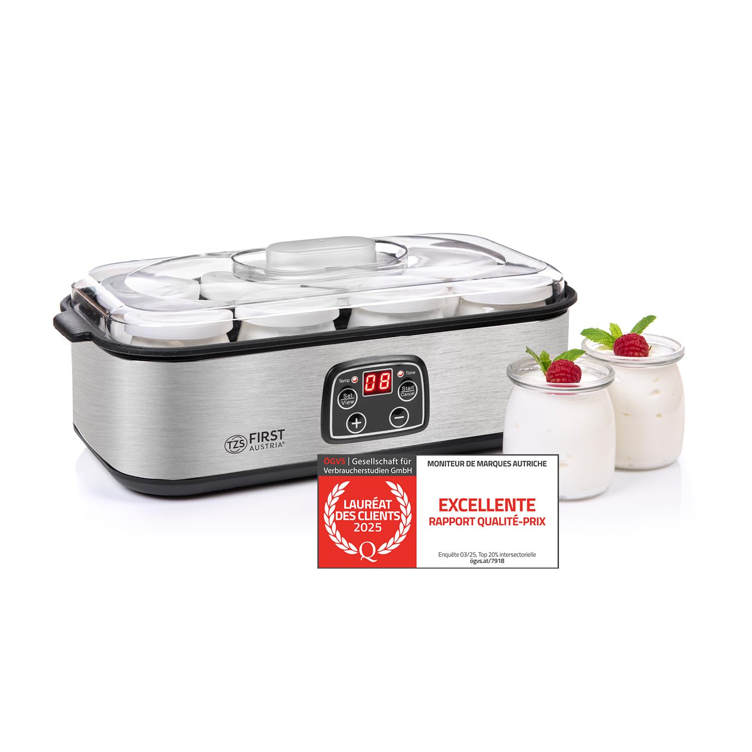 TZS First Austria - Yaourtière électrique 25W avec 8 pots en verre de 180 ml pour jusqu'à 1,4L de yaourt fait maison - Avec température de 20-55°C, arrêt automatique et écran LCD - Blanc