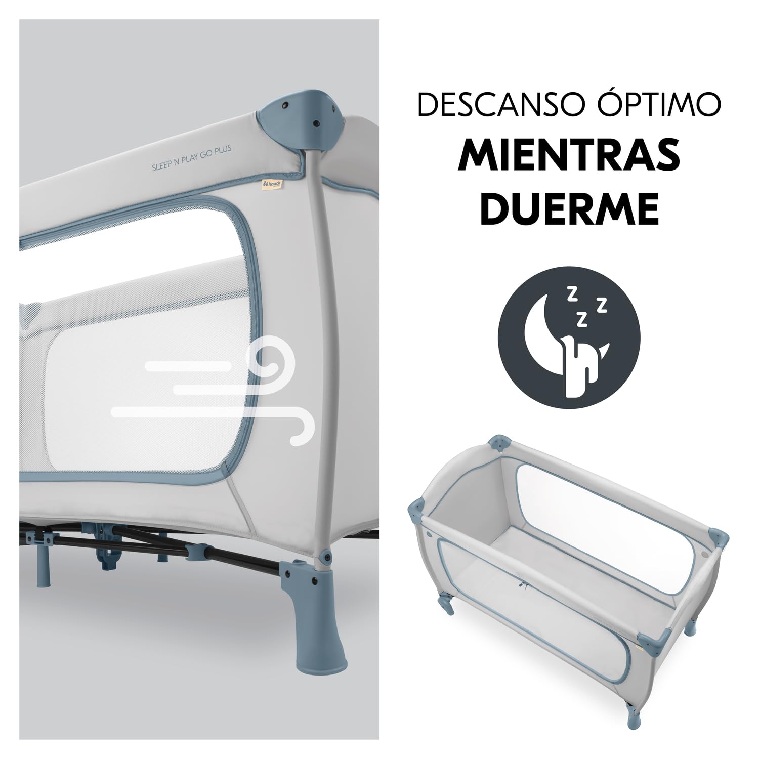 Hauck Sleep N Play Go Plus Cuna de Viaje con Ruedas, Parque Infantil desde el Nacimiento, Cuna Bebe Viaje con Bolsa de Transporte, Parque Bebe Plegable con Apertura XL - Dusty Blue