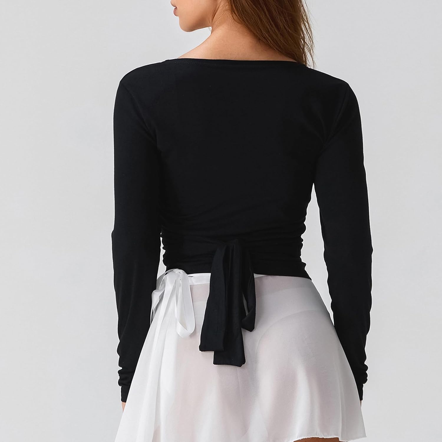 Women Wrap Top Thumb Hole Long Sleeve Self Tie Workout Shirt Pilates Ballet Yoga Tops - Image 4