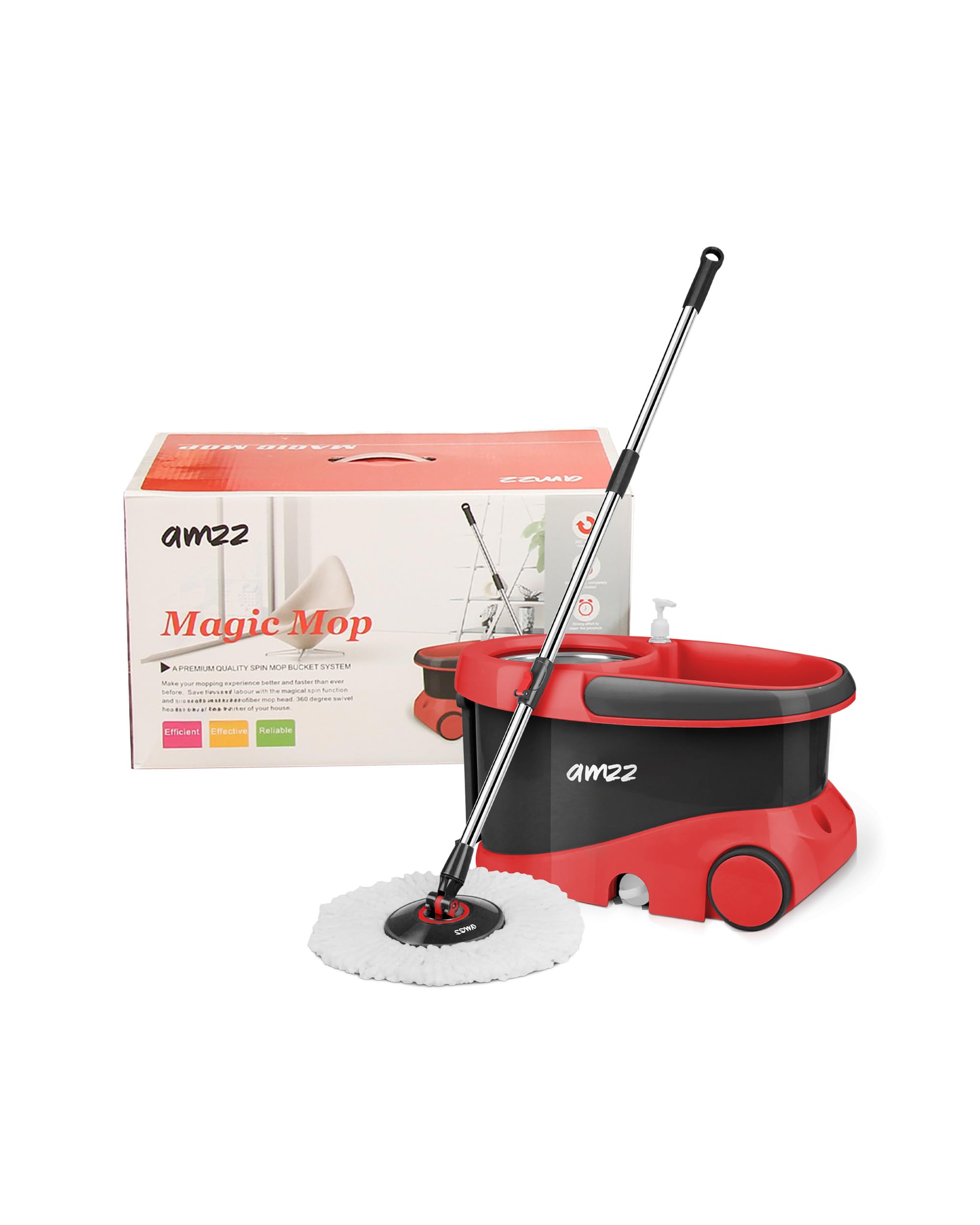 Amzz Deluxe Effortless Spin Mop and basket set with wheels,Cleaning mop and basket refillable water tank with 2 extra mop head,Multifunctional mop and bucket set with Wheels for fast Home Cleaning