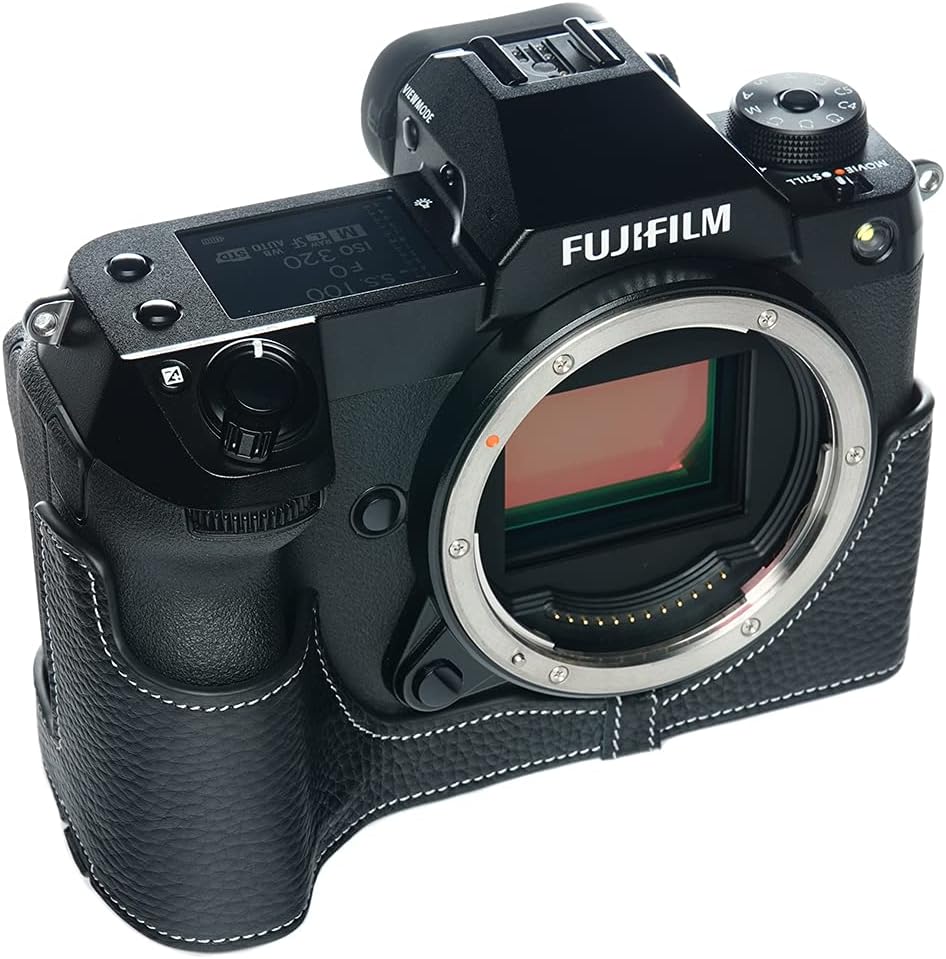 GFX 100S Camera Case, BolinUS Handmade Genuine Real Leather Half Camera Case Bag Cover for Fujifilm Fuji GFX 100S Camera Bottom Opening Version + Hand Strap (Black)