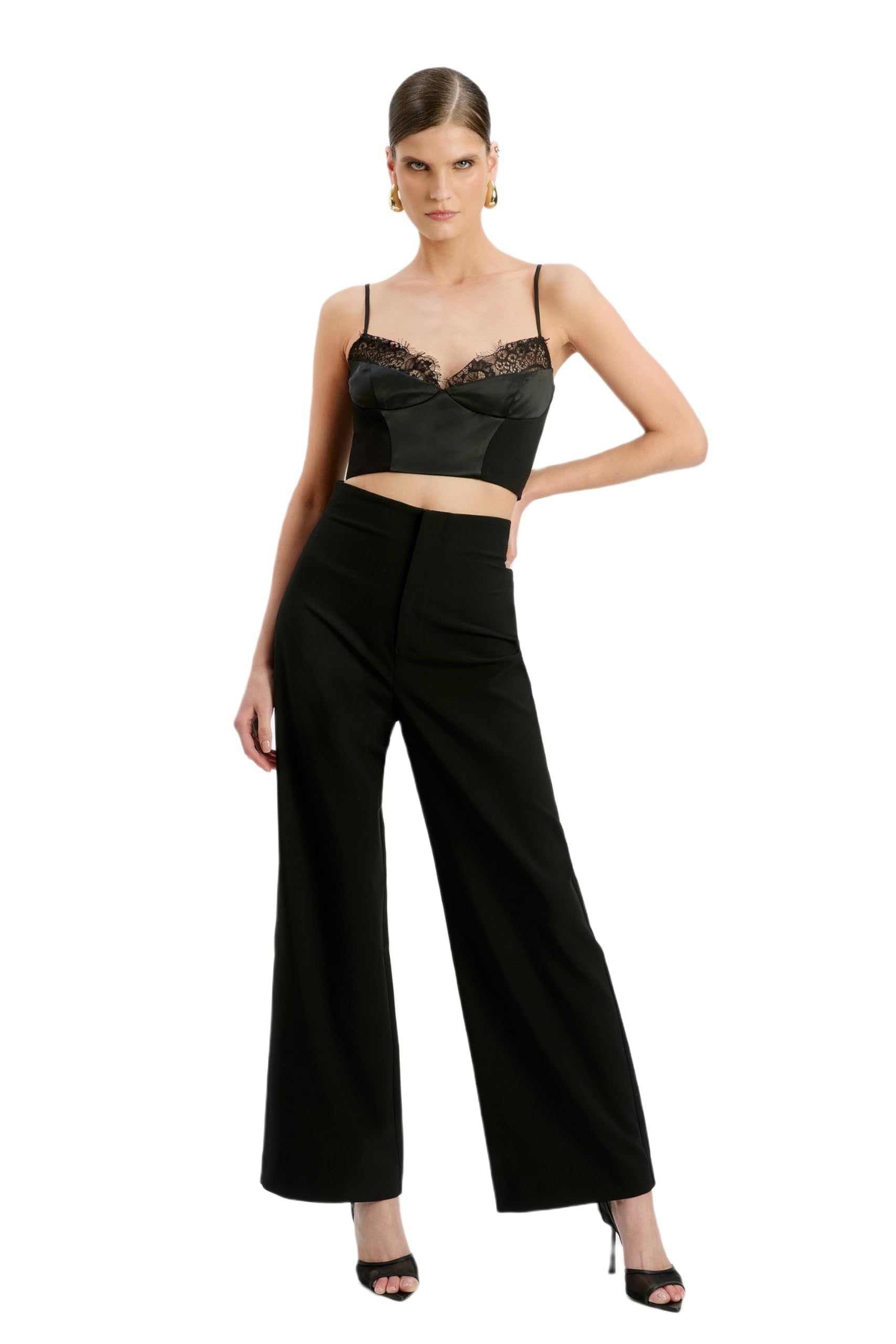 BARDOT Anna High Waist Pant for Women - Black Tailored Wide Leg High-Rise Pants with Mock Pockets