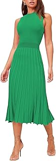 Women's Crew Neck Sleeveless High Waisted Bodycon Pleated Ribbed Swing Knit Midi Dresses - Buy now