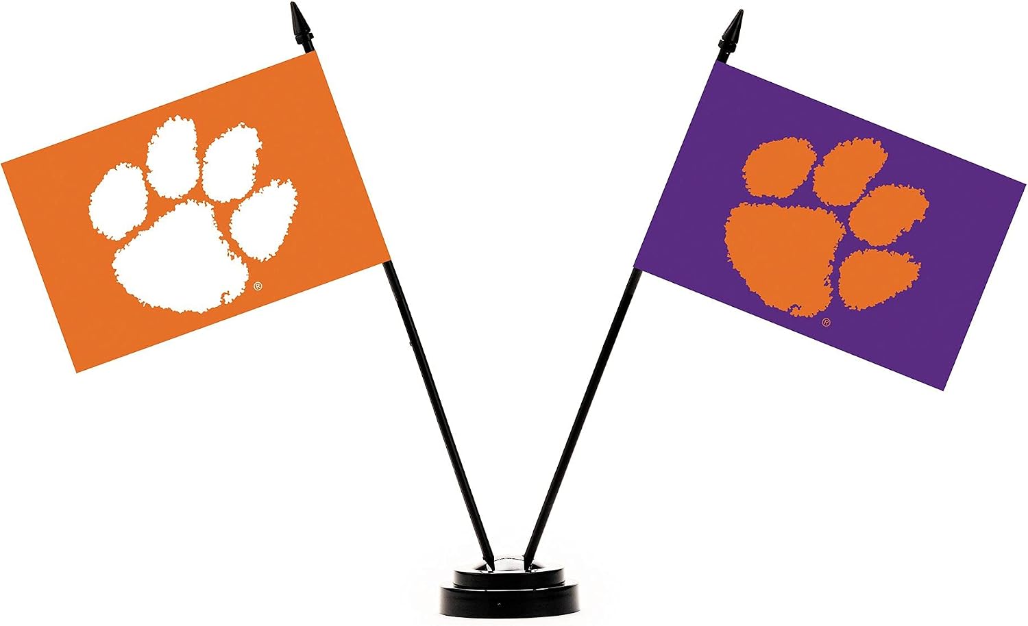 BSI PRODUCTS, INC. - Clemson Tigers 2 Flag Desk Set - CLEM Football, Basketball, & Baseball Pride - High Durability - 4” x 6” Flags and Plastic Base - Man Cave Accessories and Decor - Great Gift Idea