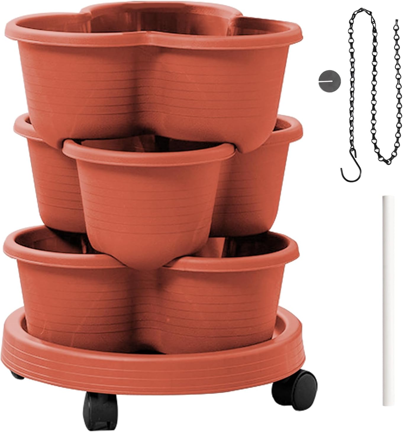 Vertical Plant Tower Planter - Stacking Pot Growing System, Garden Tower with Triple Tier Design, Planter for Herb Flower Detail, Garden Accessories, Wheeled Indoor Outdoor Patio Balcony Use