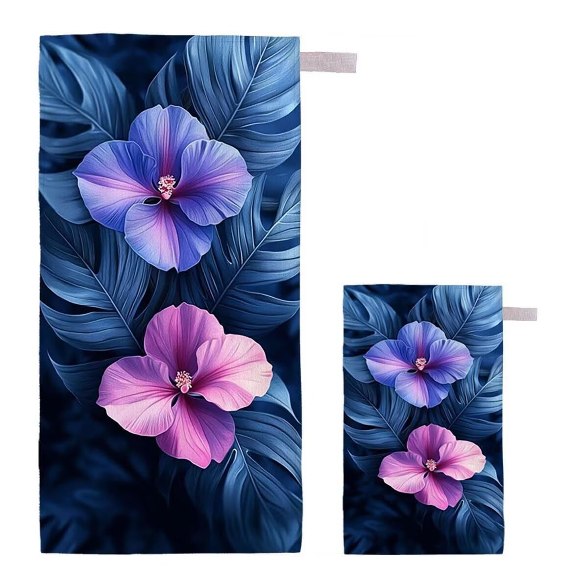 Strandtuch XXL 90x200cm/35x70cm 2er Set Mikrofaser Strandtuch, Schnelltrocknend Strandliege Kompakt Sandfrei Saunahandtuch mit Tasche, Mikrofaser Handtuch für Strand Reise Urlaub Camping (Blume) H-15