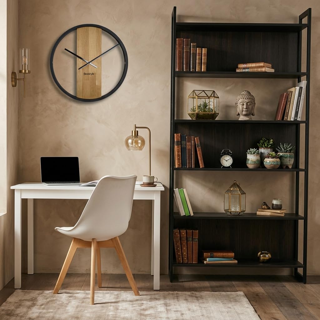 FLEXISTYLE Reloj de Pared Grande sin Ruido de tictac, Ovalado, de Metal, Negro, 3D, XXL, Moderno, de Madera, para baño o Sala de Estar (50 cm de diámetro)