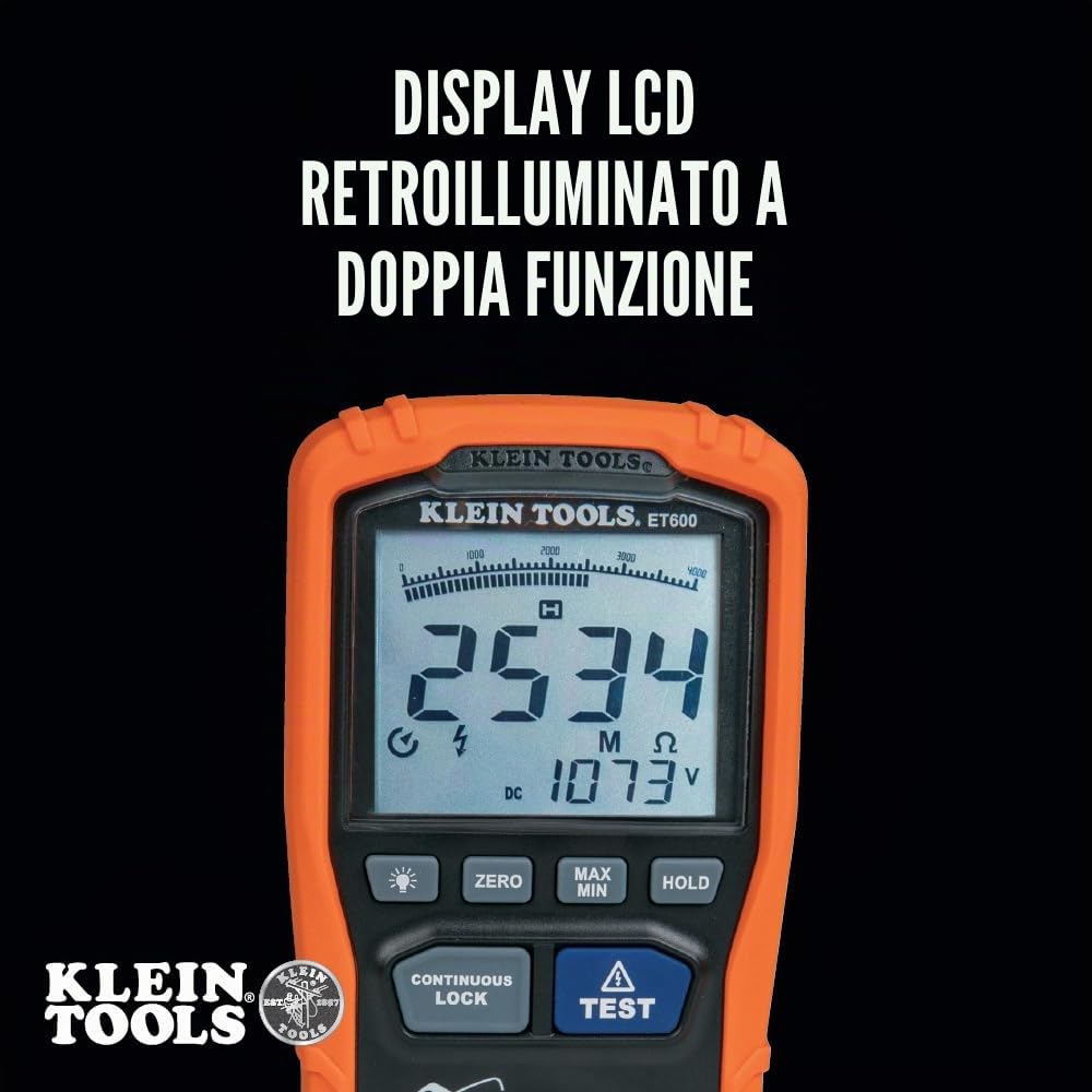 Klein Tools Megohmmeter, Tester di Isolamento Multimetro, 4000 Megohm Resistenza, 125 V/250 V/500 V/1000 V Tensione di prova ET600