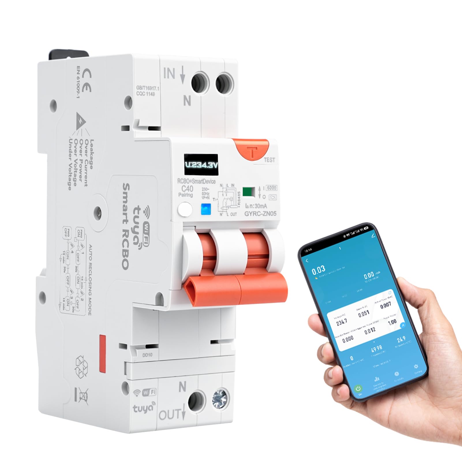 Diferencial auto rearmable wifi interruptor 40a 30ma tipo a 1P+N RCBO Protección contra sobretensión, subtensión, sobrecarga, cortocircuito y corriente de fuga Control consumo eléctrico.