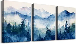 SERIMINO Nature Landscape Canvas Wall Art for Living Room, Forest Mountain Canvas Prints Paintings, Blue Modern Farmhouse Wall Decor for Bedroom Bathroom Set of 3, 20"X28"